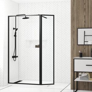 Paroi de douche à l'italienne fixe + volet pivotant 100+40 x 200 cm, noir mat, Galedo Dark Edge Shelf
