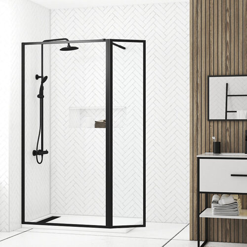 Paroi de douche à l'italienne fixe + volet pivotant 100+40 x 200 cm, noir mat, Galedo Dark Edge Shelf