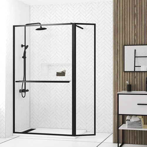 Paroi de douche à l'italienne fixe + volet pivotant 120+40 x 200 cm, noir mat, Galedo Dark Edge Shelf